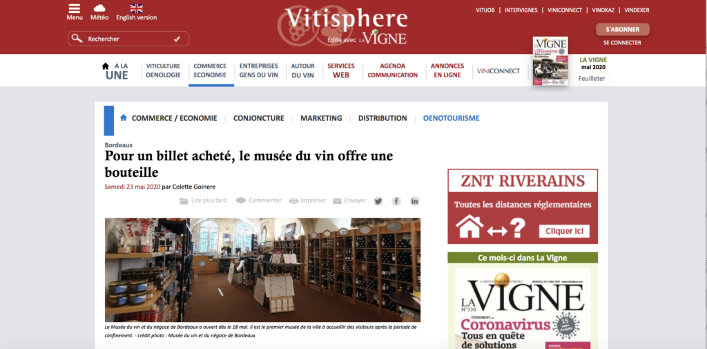 Image du site internet Vitisphère, parlant du musée du vin de Bordeaux.